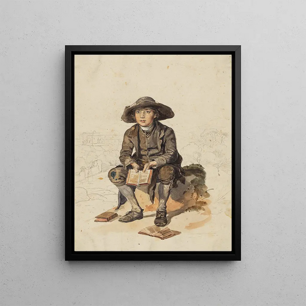 Johann Baptist Kirner - Junge mit breitkrempiger Kopfbedeckung vor einer Landschaft sitzend und ein aufgeschlagenes Buch haltend.webp