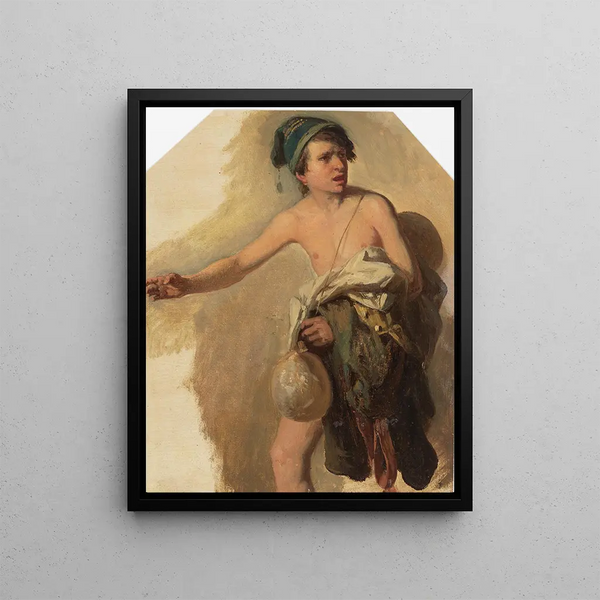 Ragazzo nudo con vestiti sul braccio a sinistra tra le gambe - Johann Baptist Kirner — quadro incorniciato alla parete