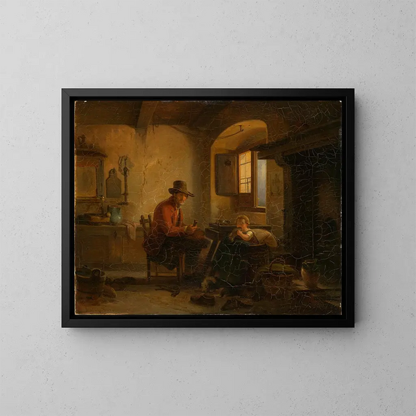 Cordonner con un bambino nel suo atelier - Johann Baptist Kirner — quadro incorniciato alla parete