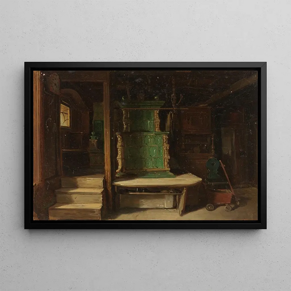 Interno di una fattoria della Foresta Nera con stufa in maiolica verde - Johann Baptist Kirner — quadro incorniciato alla parete