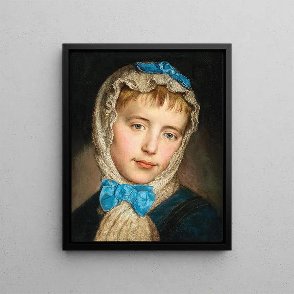 Una ragazza con una sciarpa di pizzo e fiocchi blu - Johann Baptist Reiter — quadro incorniciato alla parete
