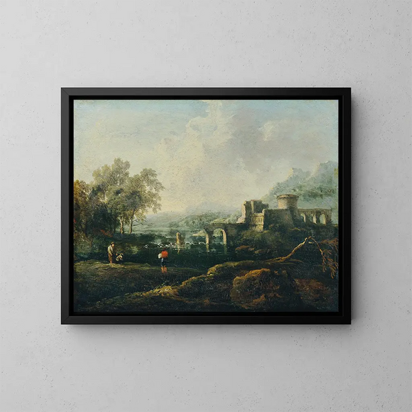 Paesaggio ideale con fiume e rovina di ponte, La Mattina - Johann Christian Brand — quadro incorniciato alla parete