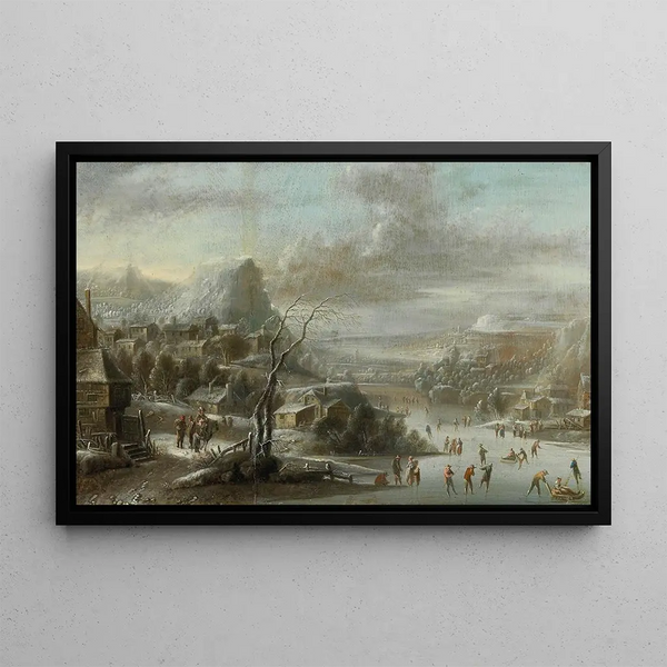 Johann Christian Vollerdt - A winter landscape with skaters on a frozen river.webp