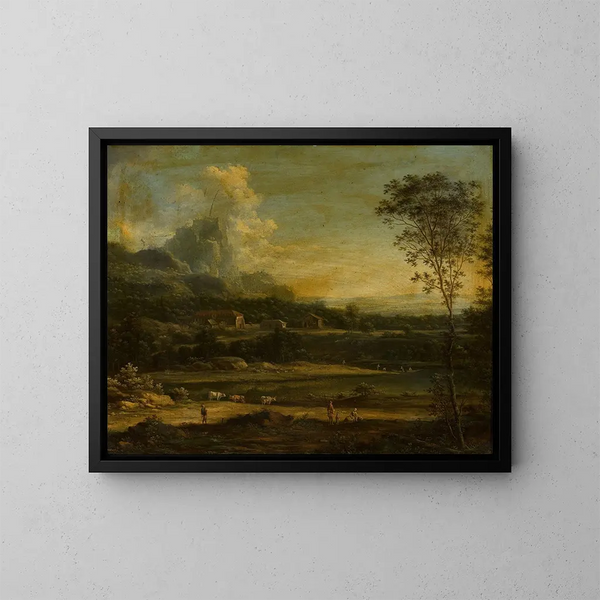 Paesaggio montano con un lago e edifici - Johann Christian Vollerdt — quadro incorniciato alla parete