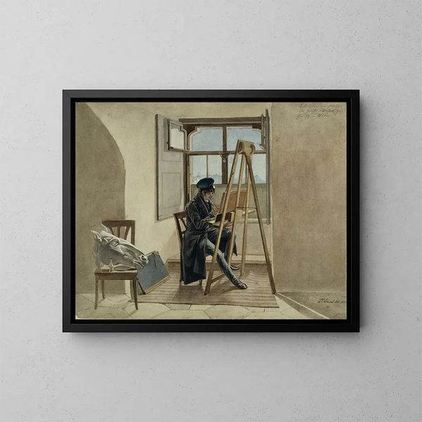 Il pittore Johann Adam Klein al suo cavalletto nel suo atelier al Palais Chotek a Vienna - Johann Christoph Erhard — quadro incorniciato alla parete