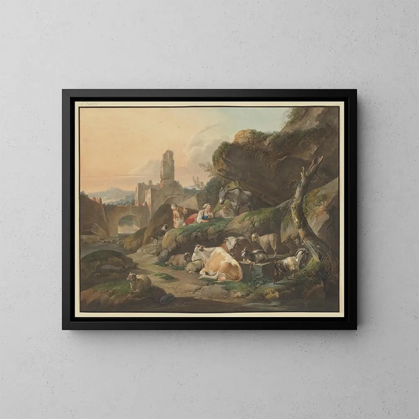 Pastori su scogli con una pastora davanti a un asino, pecore e capre sullo sfondo, rovine con un ponte - Johann Friedrich Morgenstern — quadro incorniciato alla parete