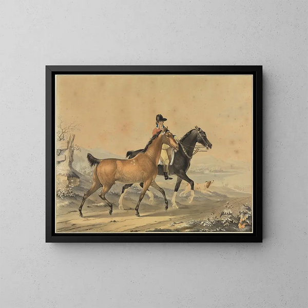 Cavaliere con due cavalli e un cane - Johann Georg Pforr — quadro incorniciato alla parete