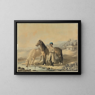 turco con due cavalli sul bordo del fiume - Johann Georg Pforr — quadro incorniciato alla parete