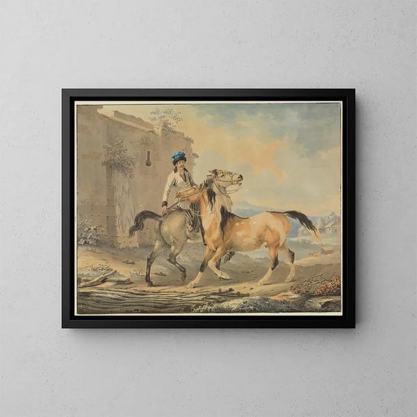 turco con due cavalli davanti a una rovina di castello - Johann Georg Pforr — quadro incorniciato alla parete