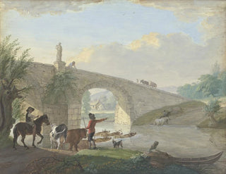 Bétail con due pastori che attraversano un ponte di pietra a nuoto - Johann Georg Pforr — vista dell’opera