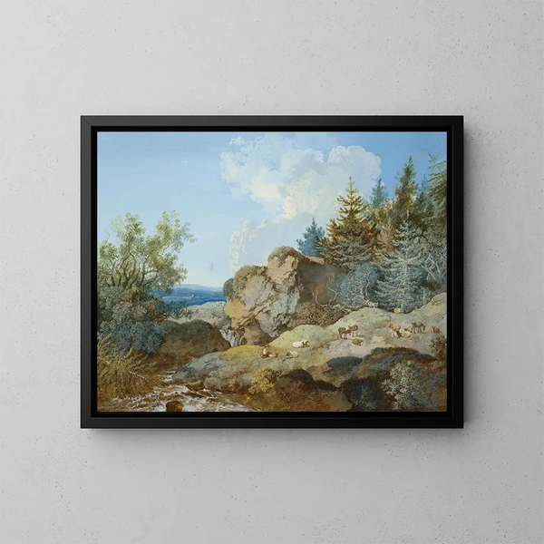 Paesaggio boscoso in montagna con un gregge e un corso d'acqua - Johann Georg Wagner — quadro incorniciato alla parete