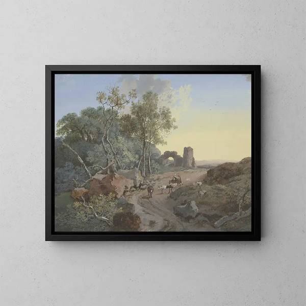 Parte di foresta e rovina con un arco su un sentiero con pastori e bestiame - Johann Georg Wagner — quadro incorniciato alla parete