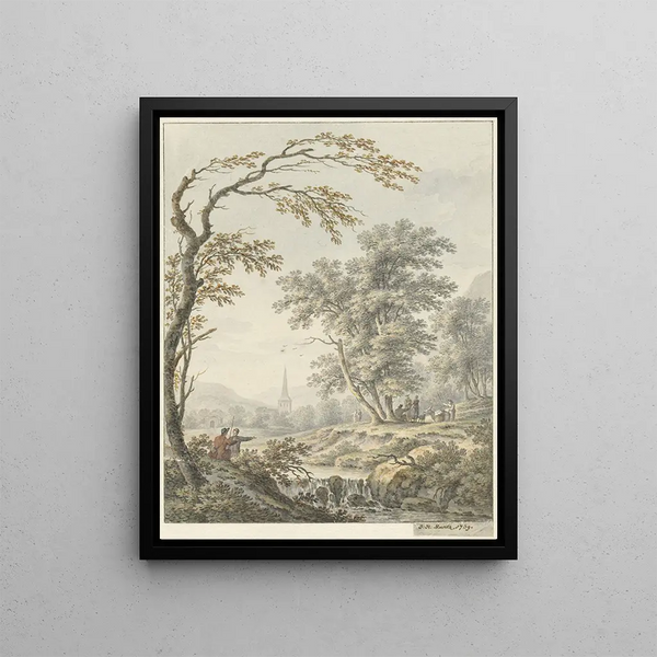 Johann Heinrich Mntz - Landschap met waterval en in de verte een kerk.webp