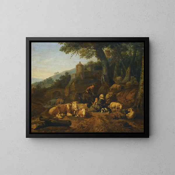 Un paesaggio con conducenti e il loro gregge in riposo - Johann Heinrich Roos — quadro incorniciato alla parete
