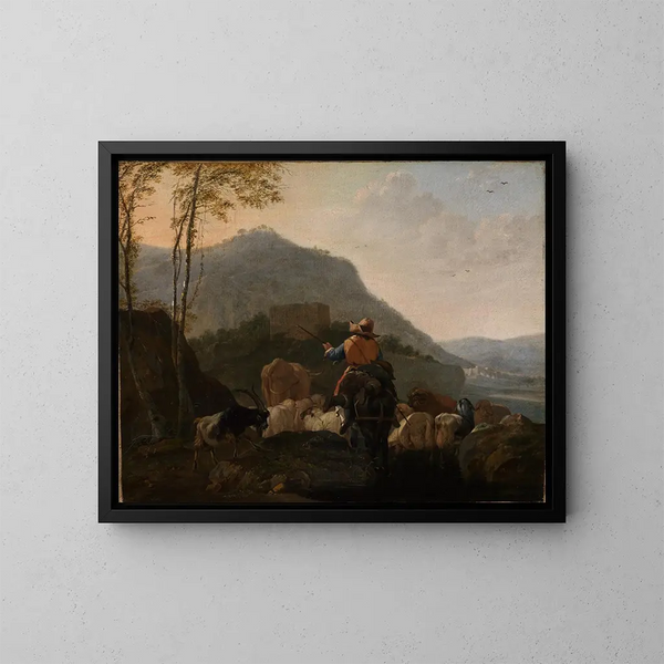 Pastori che partono con il loro gregge in un paesaggio montano del sud - Johann Heinrich Roos — quadro incorniciato alla parete