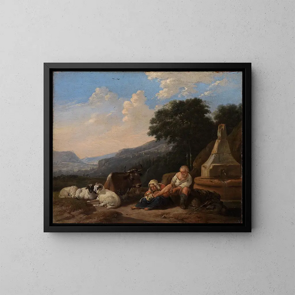 Paesaggio montano con pastori vicino a un pozzo - Johann Heinrich Roos — quadro incorniciato alla parete