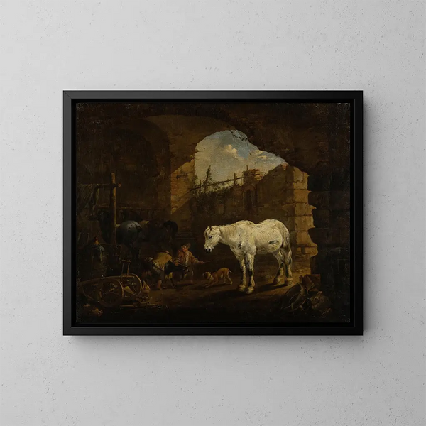 Bambini che giocano in una stalla - Johann Heinrich Roos — quadro incorniciato alla parete