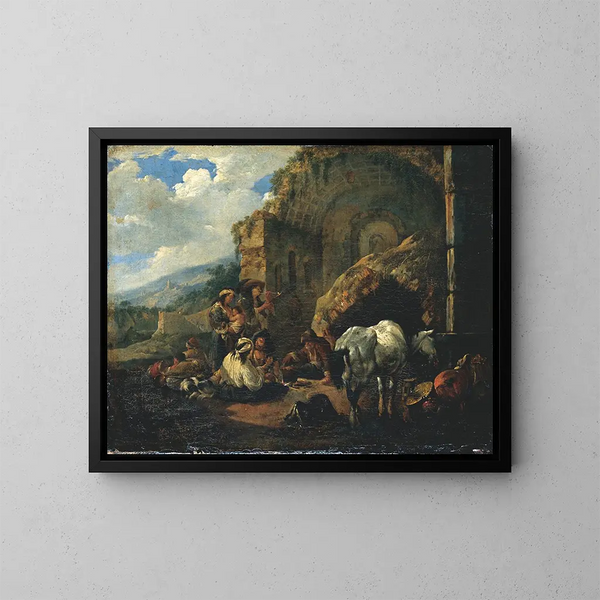 Campo dei gitani in una rovina romana - Johann Heinrich Roos — quadro incorniciato alla parete