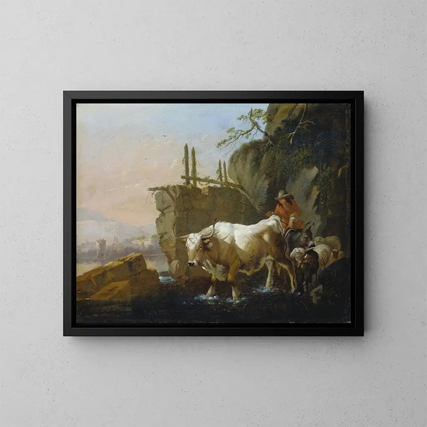 Pastori che conducono il bestiame attraverso un guado - Johann Heinrich Roos — quadro incorniciato alla parete