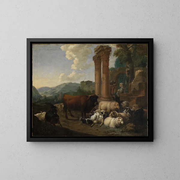 Scène di pastori in un paesaggio di rovine romane - Johann Heinrich Roos — quadro incorniciato alla parete