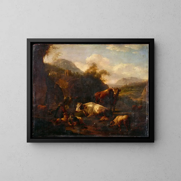 Paesaggio con cacciatori - Johann Heinrich Roos — quadro incorniciato alla parete