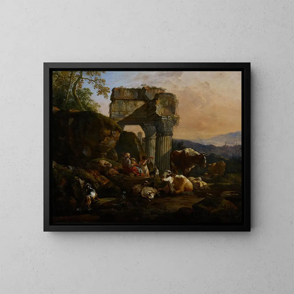 Paesaggio romano con bestiame e pastori - Johann Heinrich Roos — quadro incorniciato alla parete