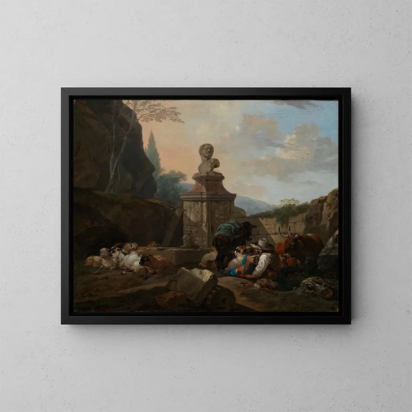 Bergère e gregge vicino a una fontana romana - Johann Heinrich Roos — quadro incorniciato alla parete