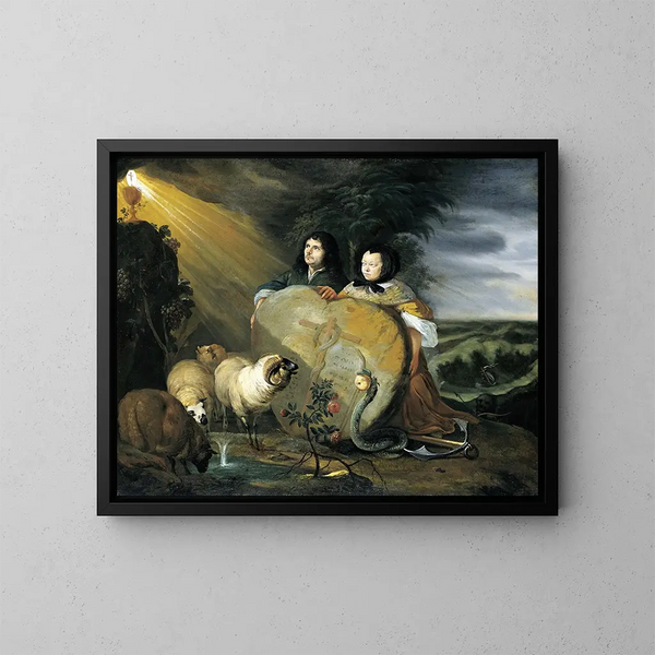 Autoritratto con sua moglie e simboli della fede cristiana - Johann Heinrich Roos — quadro incorniciato alla parete