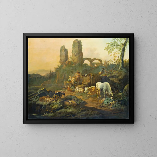 La famiglia dei pastori che si riposa vicino a una rovina antica - Johann Heinrich Roos — quadro incorniciato alla parete