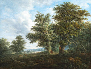 Johann Jacob Dorner - A hilly landscape with a traveller resting under a copse of oak trees.webp