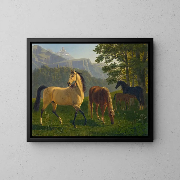 Cavalli nel paesaggio - Johann Jakob Biedermann — quadro incorniciato alla parete