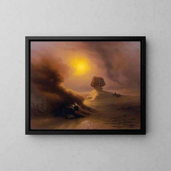 Una carovana sorpresa dal samoum davanti alla Sfinge - Johann Jakob Frey — quadro incorniciato alla parete