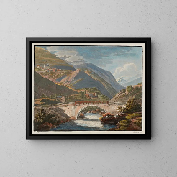 Villaggio di Stilfs e il primo ponte sulla strada del passo di Stilfs Stevio in Tirolo - Johann Jakob Meyer — quadro incorniciato alla parete