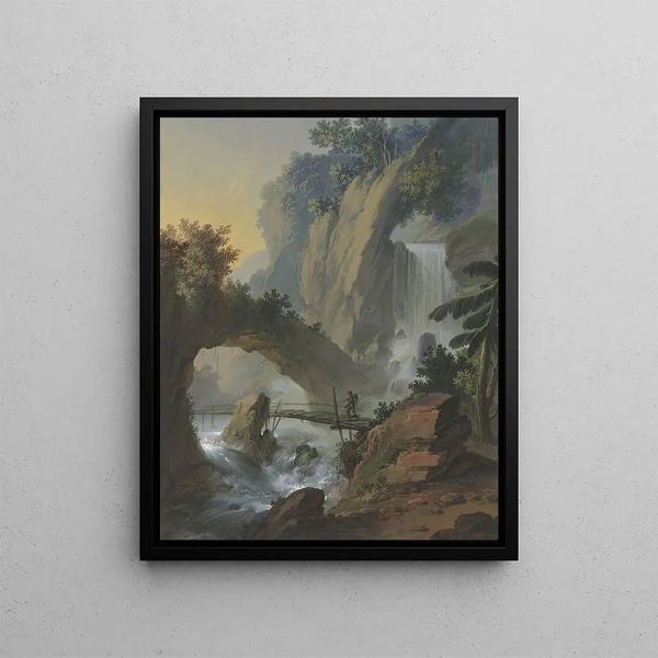 Johann Jakob Schillinger - Steg ber einen Wasserfall darber ein Felsentor.webp