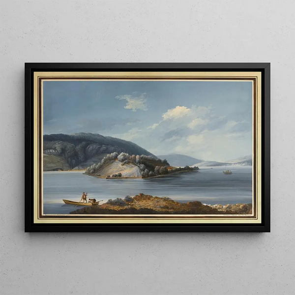 Vista dell'isola di Saint-Pierre sul lago di Bienne - Johann Joseph Hartmann — quadro incorniciato alla parete
