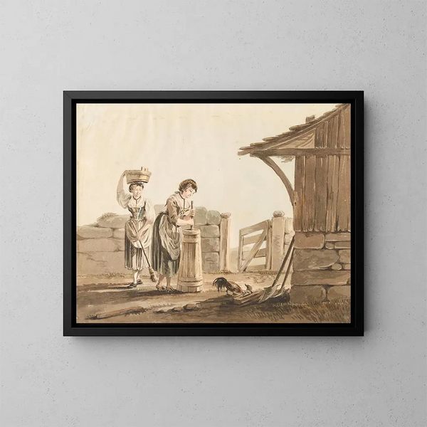 Fermières in azione mentre sbattono - Johann Karl Müllner — quadro incorniciato alla parete