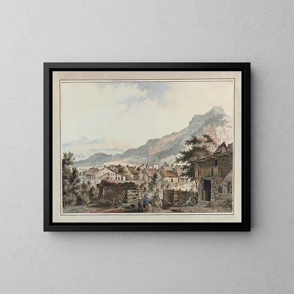 Vista della città di Aigle sulla strada delle Sallines - Johann Karl Müllner — quadro incorniciato alla parete