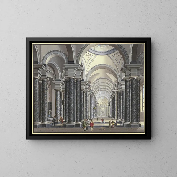 Vista dell'interno di una chiesa barocca con colonne in marmo nero e figure di scena in costumi del XVII secolo 1790 - Johann Ludwig Ernst Morgenstern — quadro incorniciato alla parete