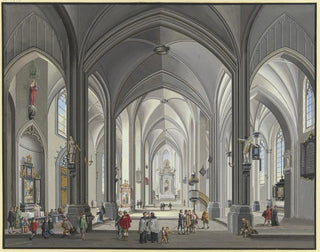 Johann Ludwig Ernst Morgenstern - Blick in das Innere einer gotischen Hallenkirche mit vielen Staffagefiguren in der Tracht des 17 Jahrhunderts links liest ein Priester die Messe 1790.webp