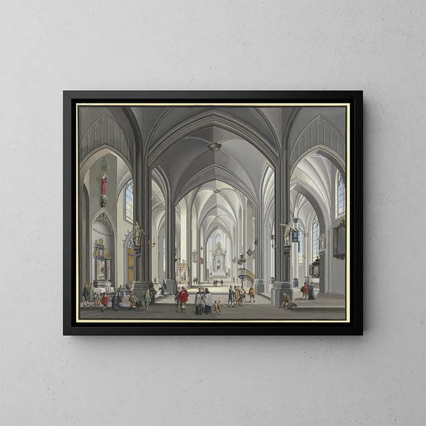 Vista dell'interno di una chiesa hallenkirche gotica con numerose figure di scena in costume del XVII secolo, a sinistra un sacerdote celebra la messa 1790 - Johann Ludwig Ernst Morgenstern — quadro incorniciato alla parete