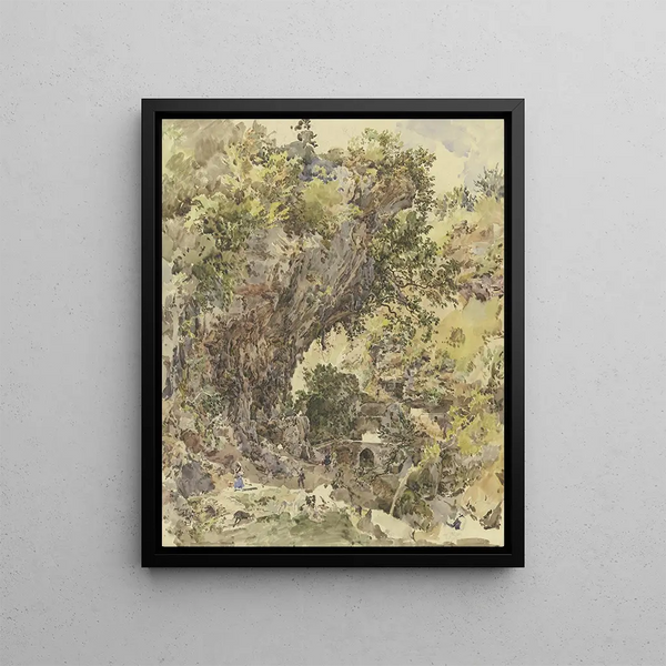 Paesaggio montano con un ponte e numerose figure, a sinistra un magnifico tratto roccioso - Johann Nepomuk Rauch — quadro incorniciato alla parete