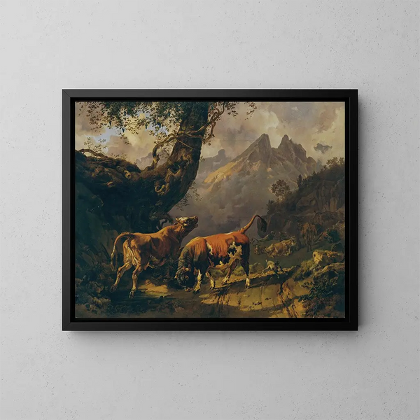 Toro che insegue una mucca in un paesaggio vicino a Carrara - Johann Nepomuk Rauch — quadro incorniciato alla parete