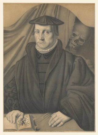 Johann Nepomuk Strixner - Portrait of a man with a skeleton behind him.webp