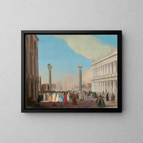 Venezia, la Piazzetta vista dal sud dalla basilica di San Marco con la biblioteca e una folla riunita per assistere a una performance di Commedia dell'arte - Johann Richter — quadro incorniciato alla parete