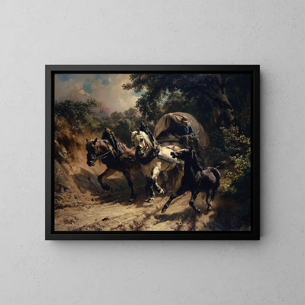 Carrosse di messaggero in un sentiero sterrato - Johann Rudolf Koller — quadro incorniciato alla parete