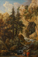 paesaggistico boschivo con grotta rocciosa, torrente e personaggi - Johann Samuel Hetzendorf — vista dell’opera