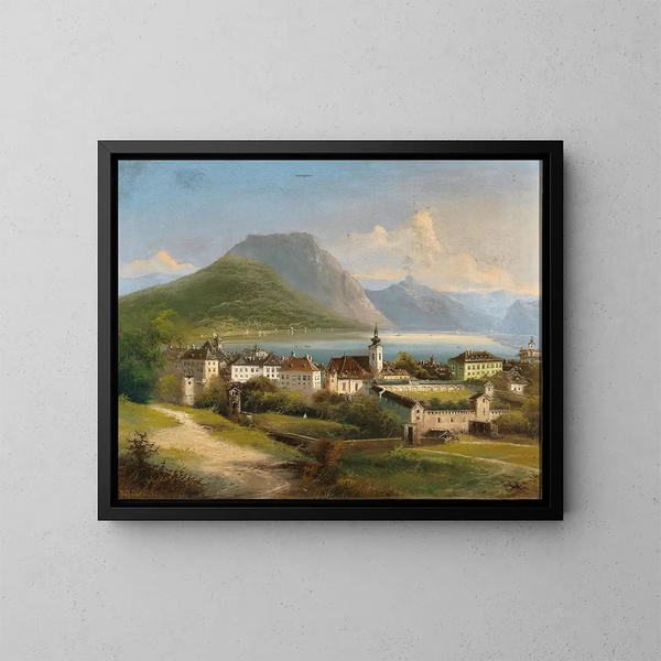 Vista di Gmunden sul lago Traunsee - Johann Wilhelm Jankowsky — quadro incorniciato alla parete