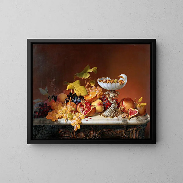 Frutti tropicali in una conchiglia di vetro latte a forma di conchiglia - Johann Wilhelm Preyer — quadro incorniciato alla parete