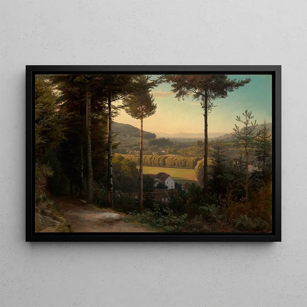 La valle dell'Oos con vista sulla pianura del Reno e sui Vosgi alla sera - Johann Wilhelm Schirmer — quadro incorniciato alla parete