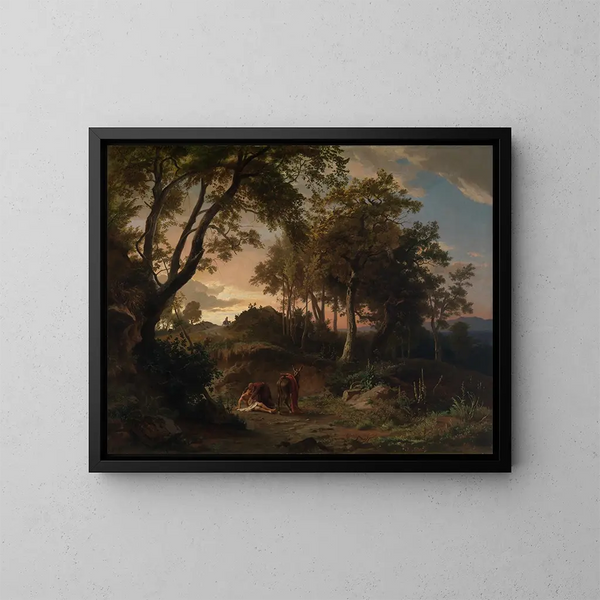 Il sera, il salvataggio del viaggiatore ferito da buon Samaritano - Johann Wilhelm Schirmer — quadro incorniciato alla parete